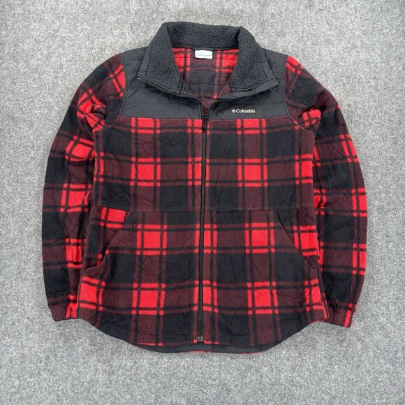Columbia Fleece Jacket Women’s Small Red Buffalo Plaid Full Zip Pockets 1880321 - Picture 1 of 10